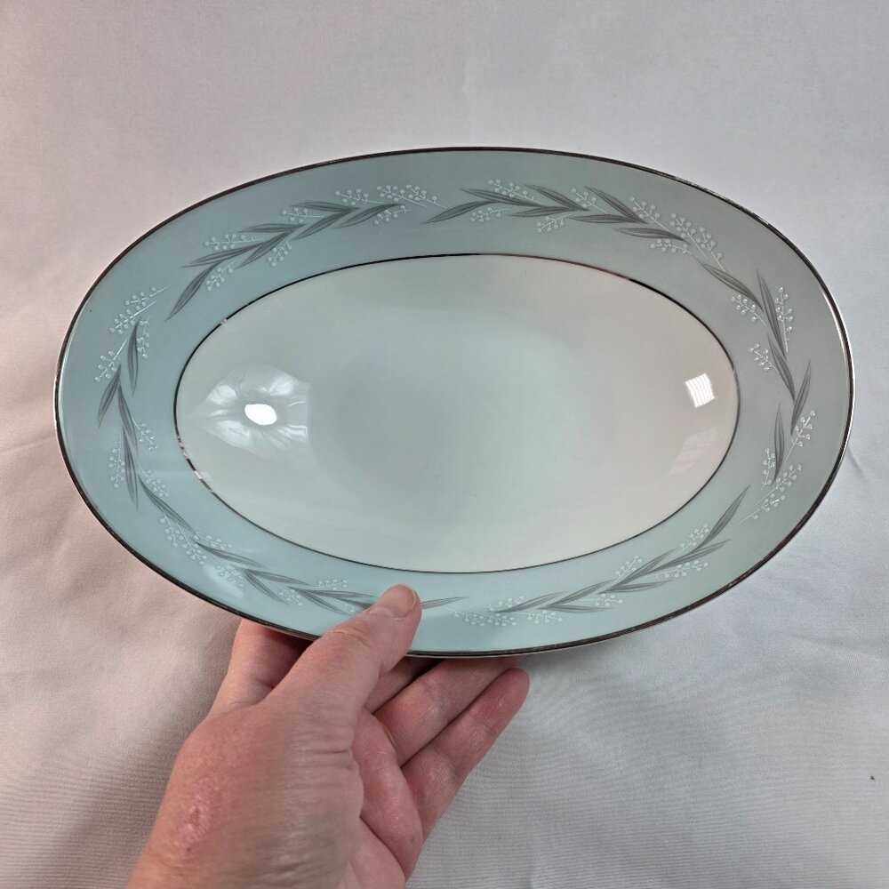 Noritake Sheldon Serving Bowl 10 Inch White with Aqua Band and White Flowers